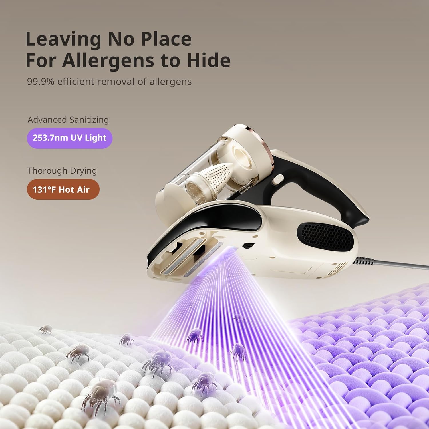 JIGOO Mattress Vacuum Cleaner UV Sanitizing, Anti-allergen Bed Cleaner with 12Kpa Suction, Handheld Vacuums for Dust & Pet Hair, Effectively Clean Up Bed, Pillows, Cloth Sofas, Carpets