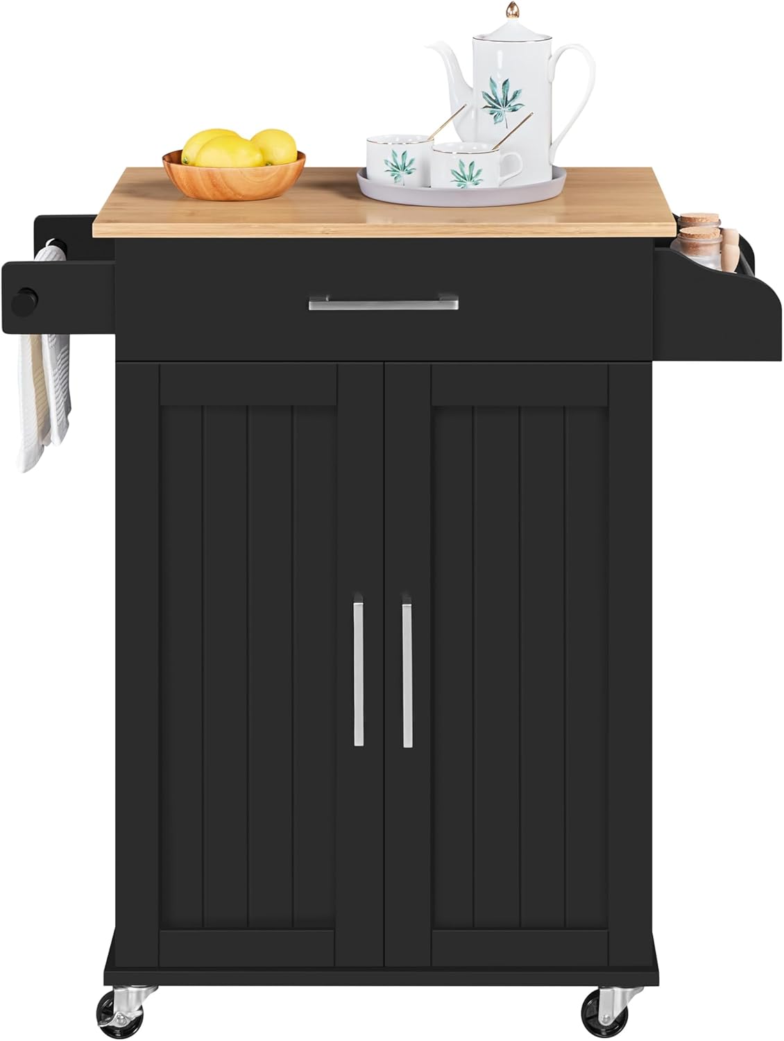 Yaheetech Kitchen Cart with Drawer, Kitchen Island on Wheels with Storage Rack & Cabinets, Microwave Cart for Kitchen with Storage, Rolling Coffee Cart Station, Black