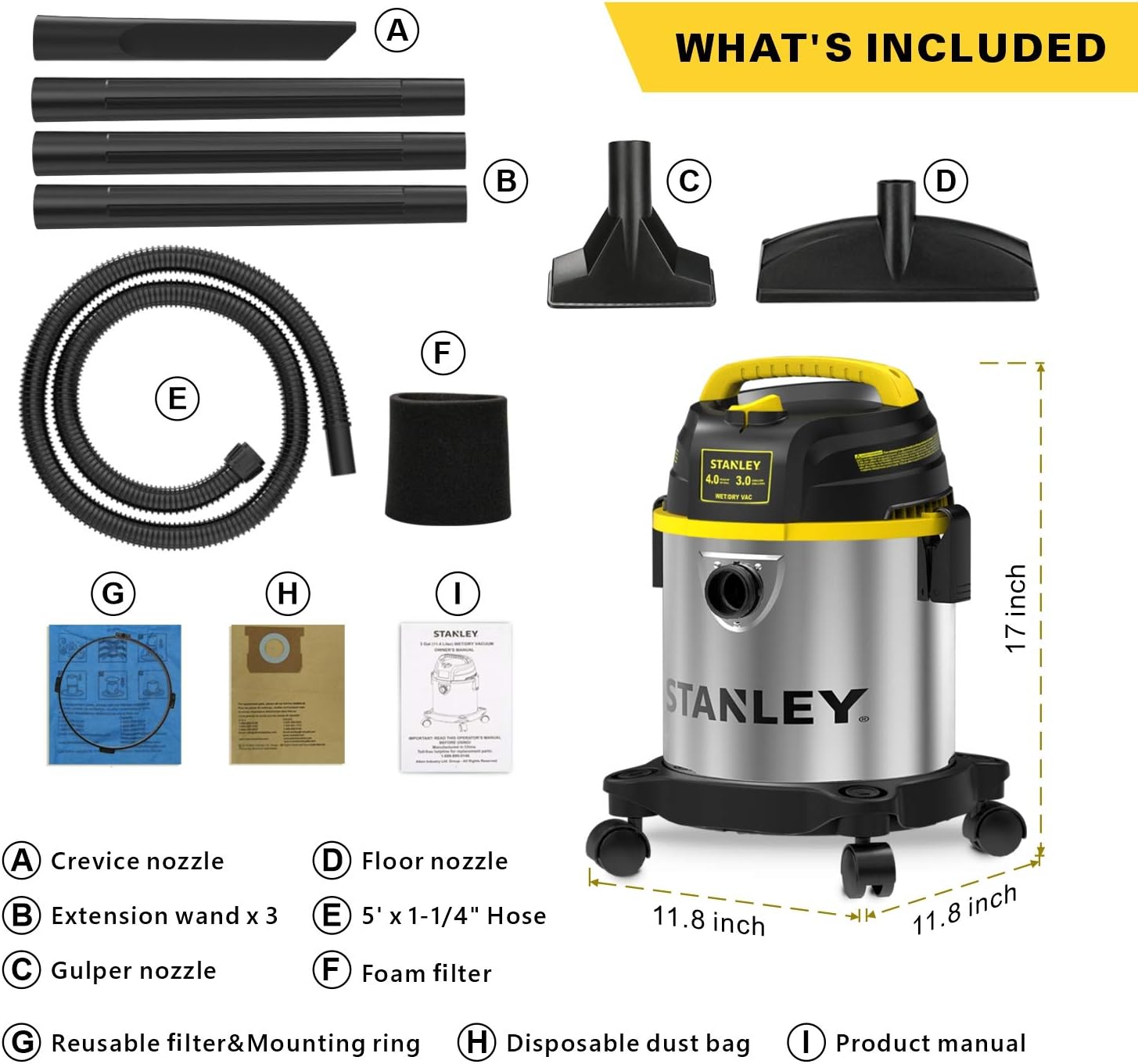 STANLEY 3 Gallon Wet Dry Vacuum, Powerful 4 Peak HP Motor, Portable Stainless Steel 3 in 1 Multifunctional Shop Vacuum with Blower, Model: SL18136