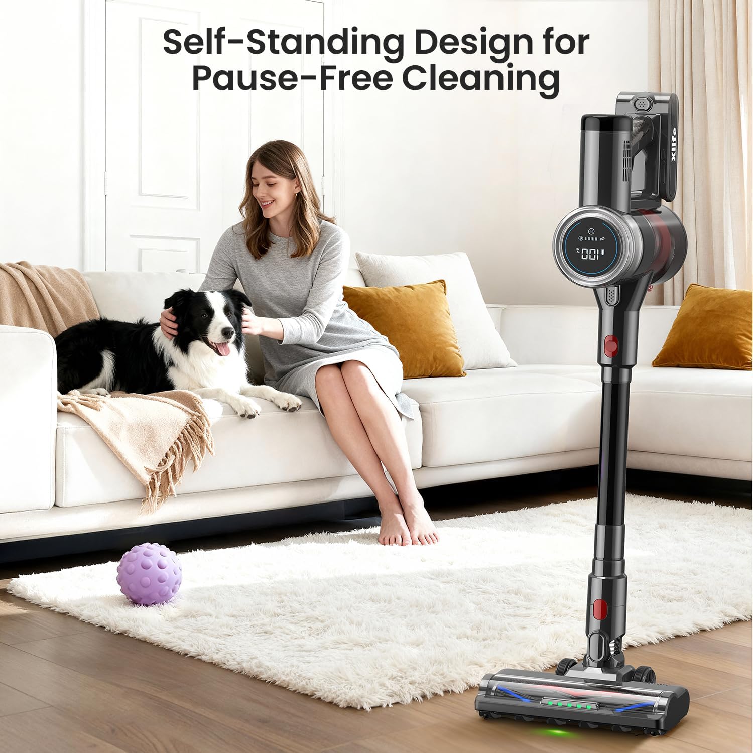 Xlife Cordless Vacuum Cleaner 45KPa 550W for Pet Hair & Multi-Surface Greenlight Reveal Dust 7-Stage HEPA Filter Long Runtime Anti-Tangle Roller Adjustable Stick Lightweight (P2)