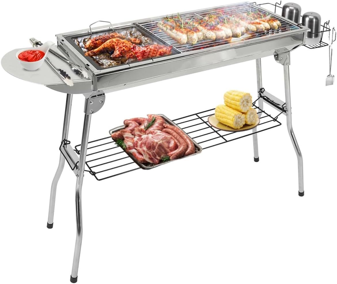 Foldable Portable BBQ Grill Stainless Steel - 150 sq in Cooking Area - for Picnic Camping Backyard.