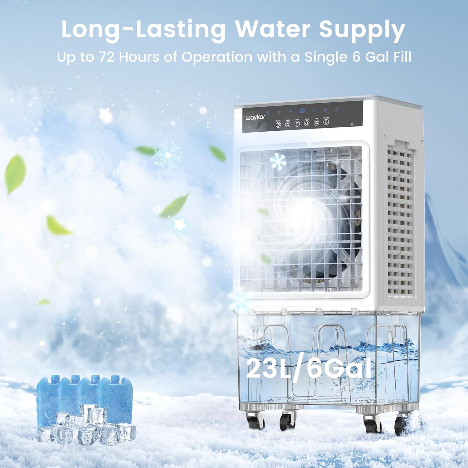 Waykar Swamp Cooler, 3500 CFM Evaporative Air Cooler with 6 Gals Water Tank, 950 Sq.Ft. Portable Air Conditioner with 4 Ice Pack, 120°/60°Oscillation, 3 Models for Garage, Yard, Commercial Use