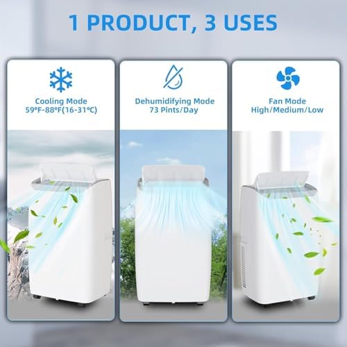 14000 BTU Portable Air Conditioner - Cools 750 Sq Ft, 3-in-1 Cooling/Fan/Dehumidifier with Remote & Timer, Quiet LED Display & Window Kit for Bedrooms/Dorms