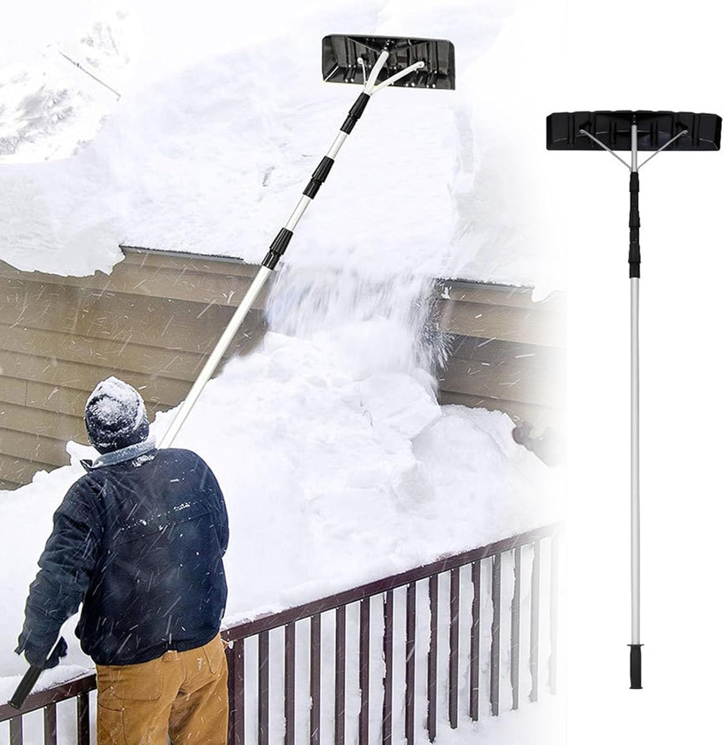 Adjustable Roof Snow Rake 6.2-21 ft, Lightweight Aluminum Snow Removal Tool for Seniors, Perfect for Solar Panels & Porches, Includes Scraper for Easy Snow Clearance