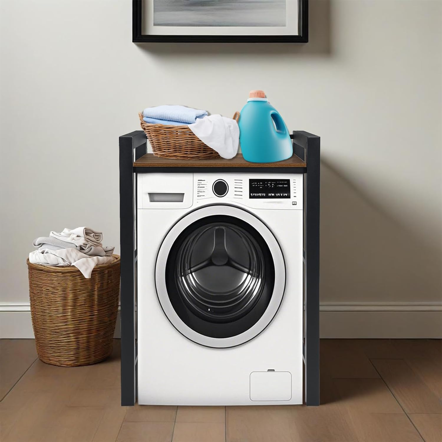 Portable Washer and Dryer Stand, Heavy Duty Steel Shelf Over Washer and Dryer, Laundry Room Organizer with Adjustable Laminate, Washing Machine Shelf for Bathroom and Laundry Room (Black)