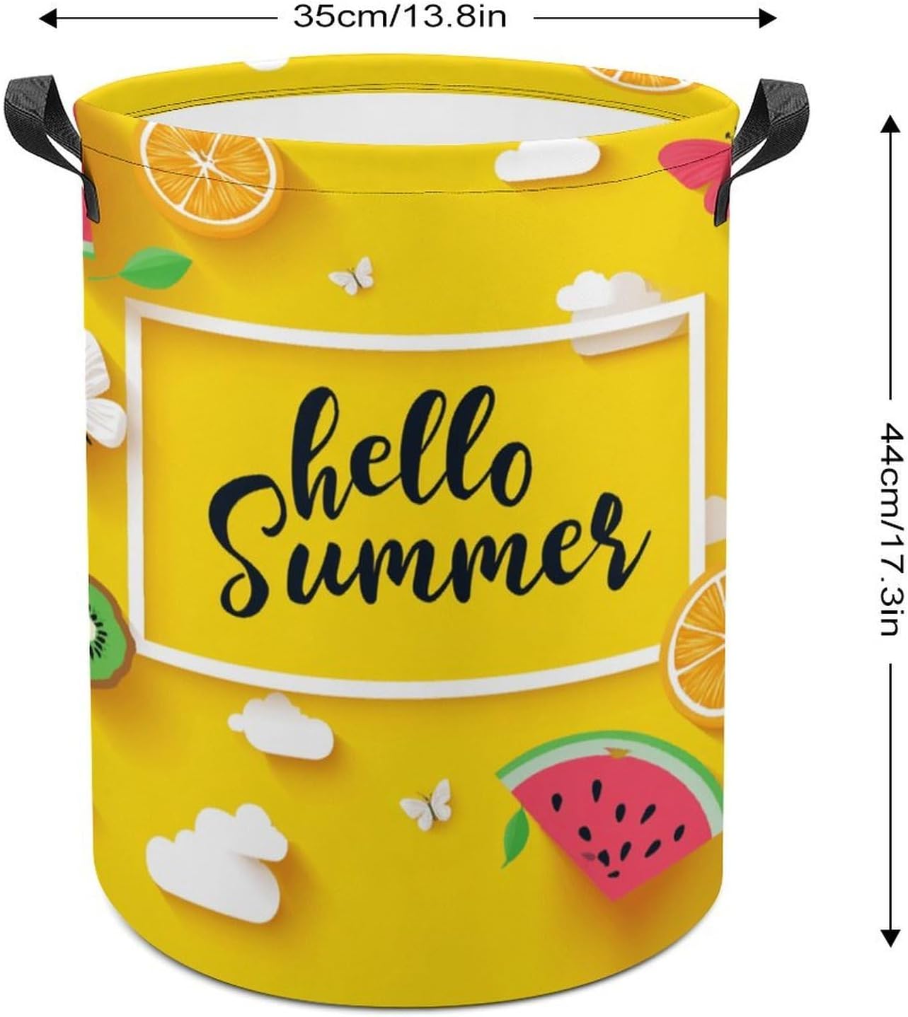 Kuizee Laundry Basket Collapsible Clothes Hamper Hello Summer Fruit Yellow Washing Bin Waterproof Round Oxford Cloth Storage Baskets for Bedrooms Clothes Toys,17.3x13.8 Inch