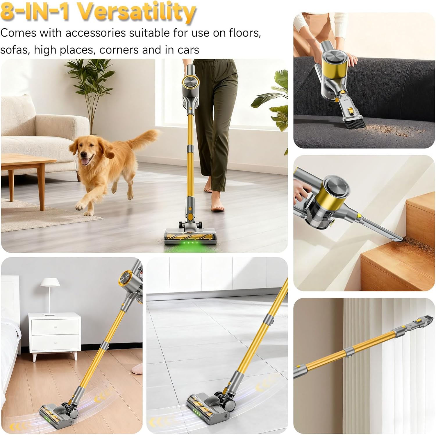 Cordless Stick Vacuum Cleaner - 45KPA Powerful Suction Vacuum with 45 Min Runtime, Detachable Battery, Anti-Tangle & 1.5L Dust Cup, 8 in 1 Vacuum Cleaner for Pet Hair, Carpet, HardFloor, Yellow