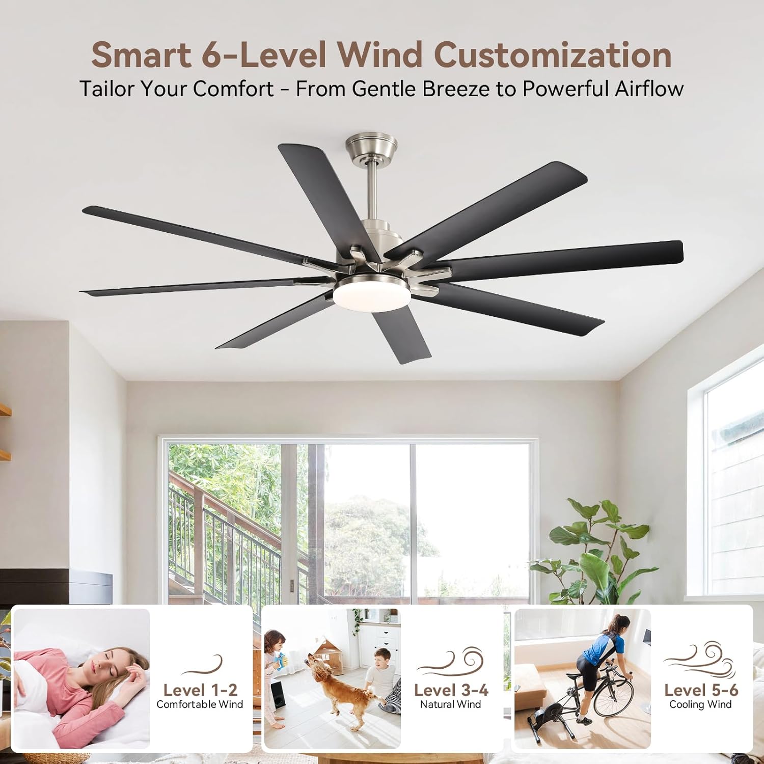 Sofucor Smart Ceiling Fans with Lights, 52'' Ceiling Fan with Light and Remote, Work with Alexa/Google, Black Indoor/Outdoor Ceiling Fan, Quiet DC Motor, 3CCT, 8 Blades Ceiling Fans for Bedroom Patio
