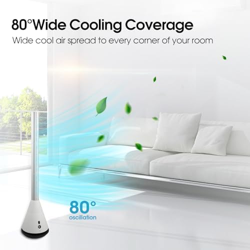 Bladeless Tower Fan with 9 Speeds, 80° Wide Oscillating Cooling Fan, Electric Standing Floor Fan with 8H Timer, Space-Saving Design for Bedroom Office