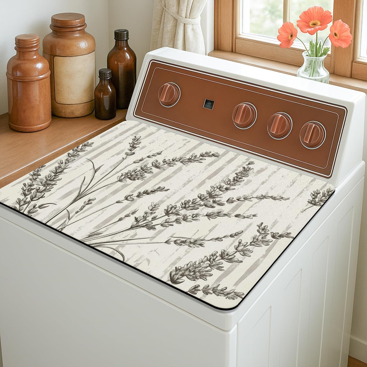 Lavender Washer Dryer Top Protector Mat, Vintage Botanical Floral Laundry Machine Dust Covers, Elegant Anti-slip Waterproof Washer and Dryer Mats for Home 20x24 Inch