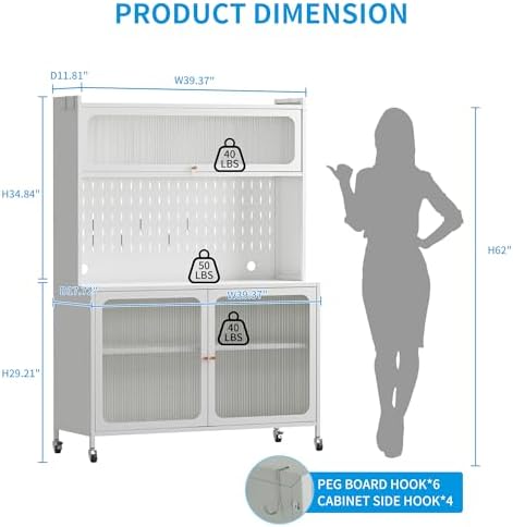 Kitchen Bakers Rack with Flip Door Cabinet, Metal Microwave Stand with Storage Cabinet and Metal Pegboard Panels for Kitchen, Pantry, Home(White)