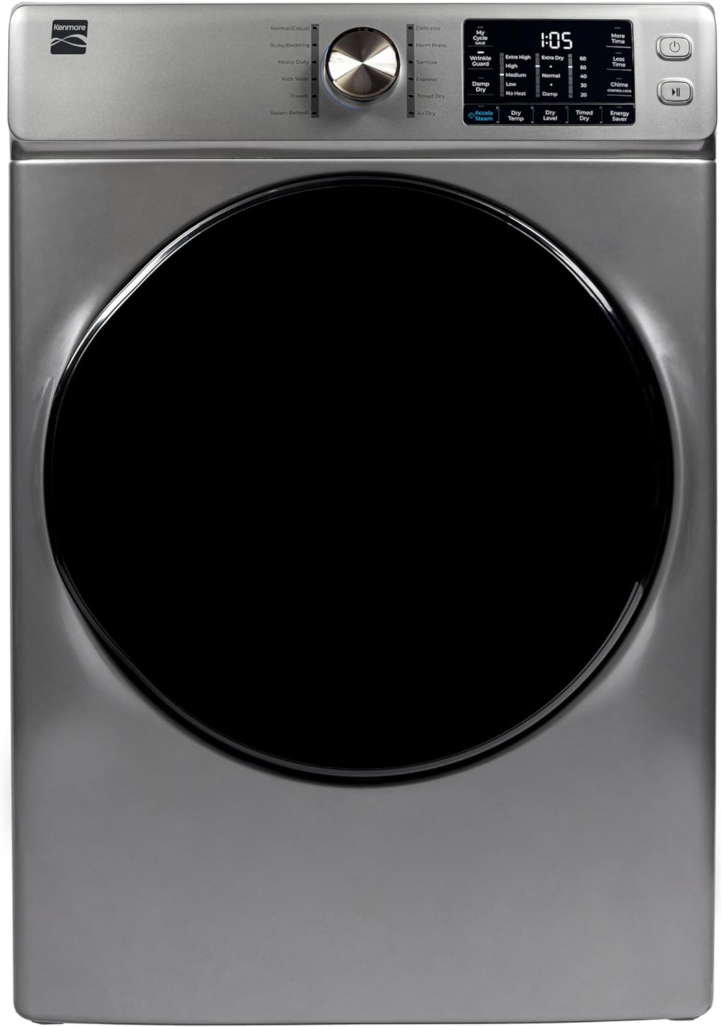 Kenmore 8.0 cu. ft. Front Load Gas Dryer - Wrinkle Guard with Accela Steam to Reduce Static and Odors - Smart Sensor Drying - LED - Metallic Silver