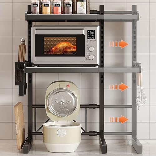 Microwave Oven Shelf Kitchen Storage Rack Organizer Expandable Adjustable for Jars Tableware with Glossy Carbon Steel Easy Install