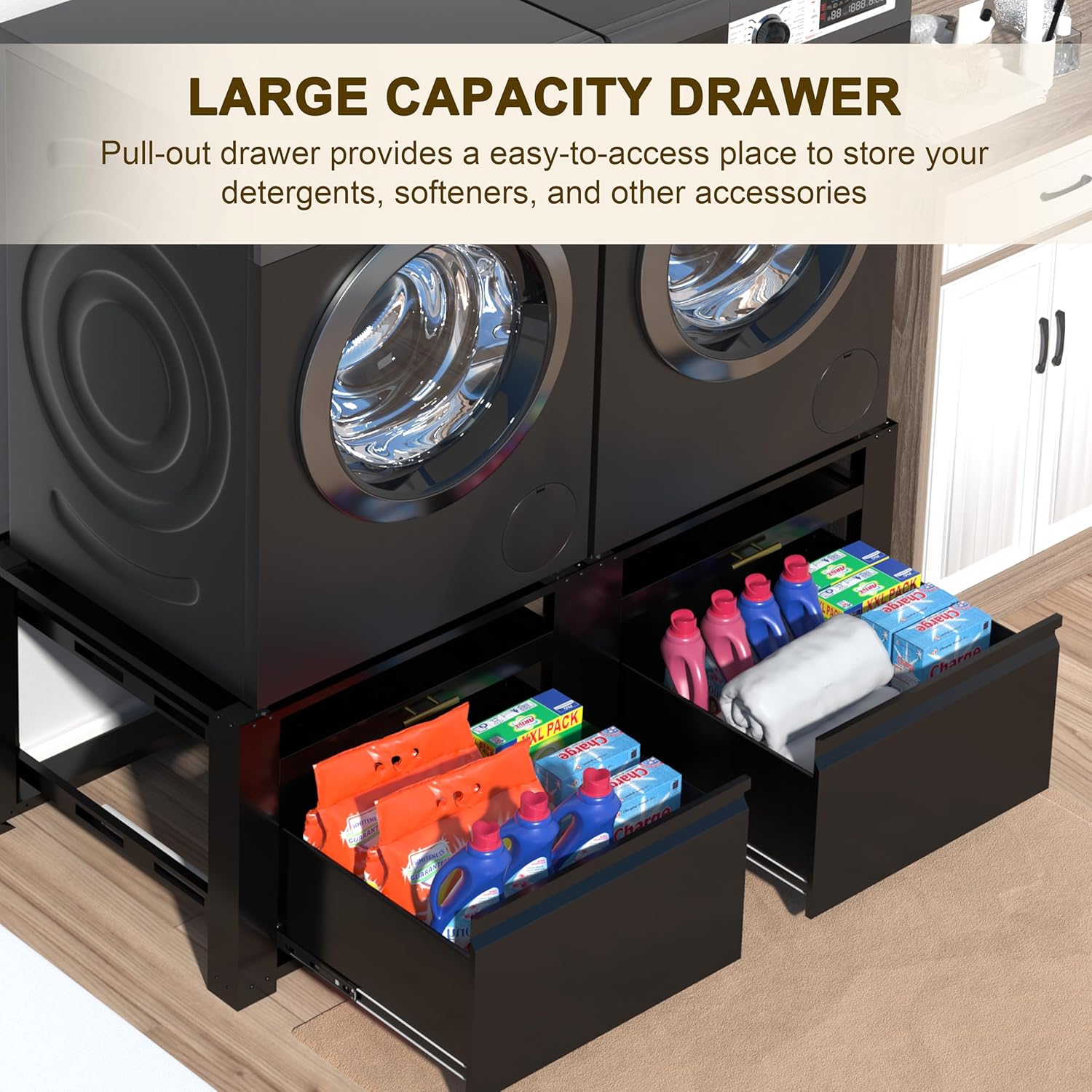 BlueWish 29”Washer and Dryer Pedestals, Washer Dryer Pedestal with Large Drawer, Retractable Laundry Holder, Washing Machine Stand with Anti-Slip Feet, 300 LBS Capacity