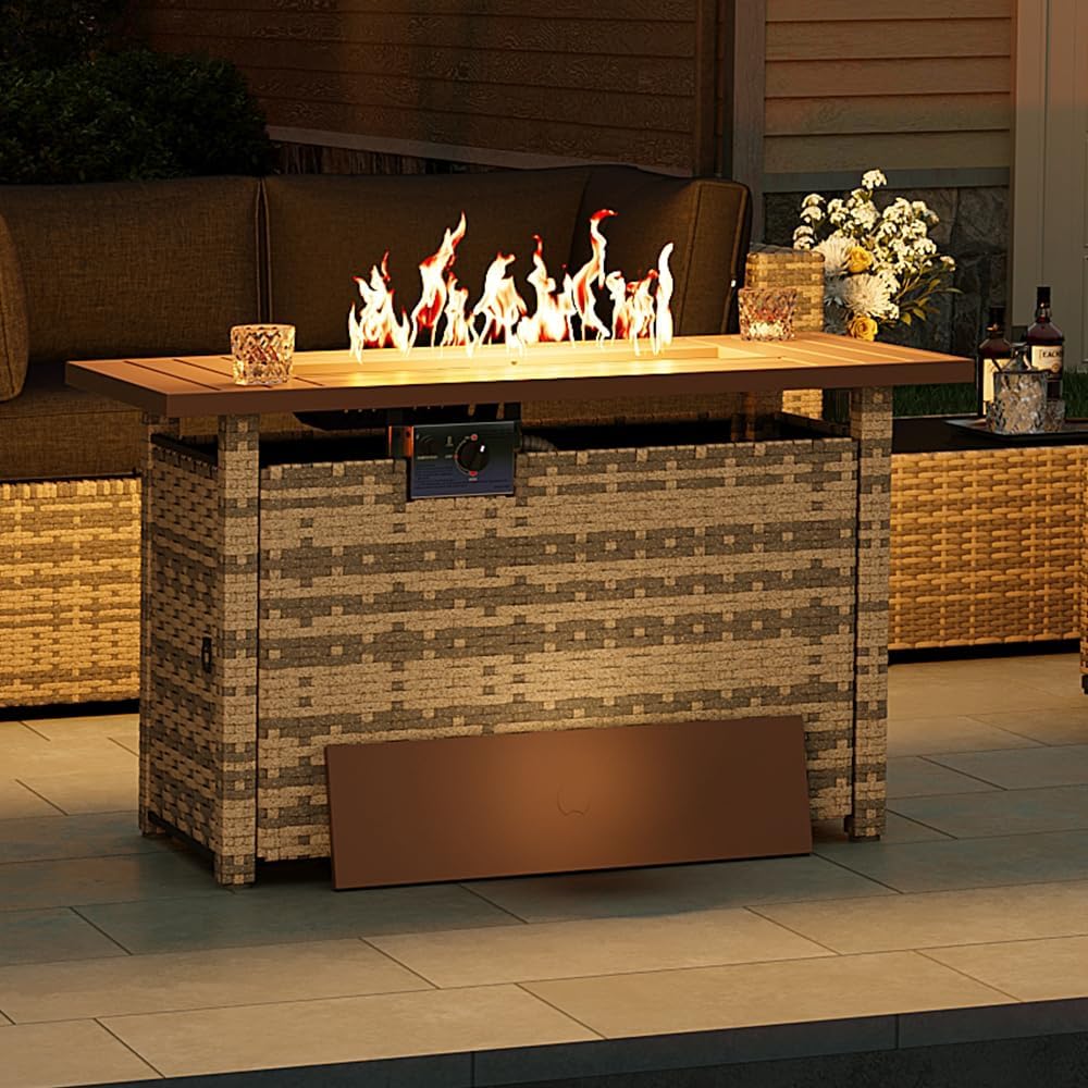Aoxun Outdoor Patio Furniture with Fire Pit Table, 50,000 BTU Wicker Gas Fire Pits with Lid, 44'' Propane Gas Firepit Table for Backyard, Poolside, Garden (Yellow)