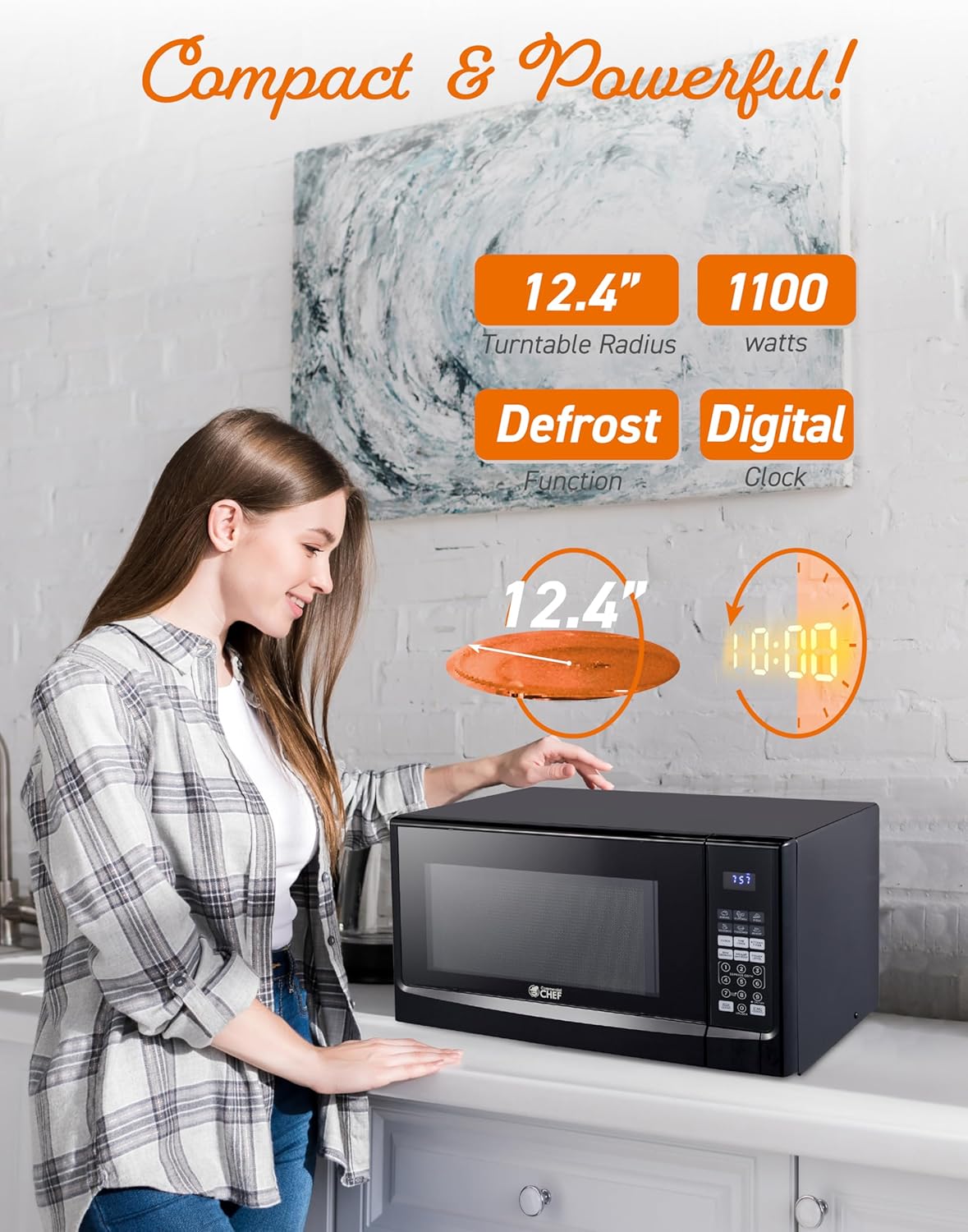 COMMERCIAL CHEF 1.4 Cubic Foot Microwave with 10 Power Levels, Small Microwave with Push Button, 1100 Watt Microwave with Digital Control Panels, Countertop Microwave with Timer, Black
