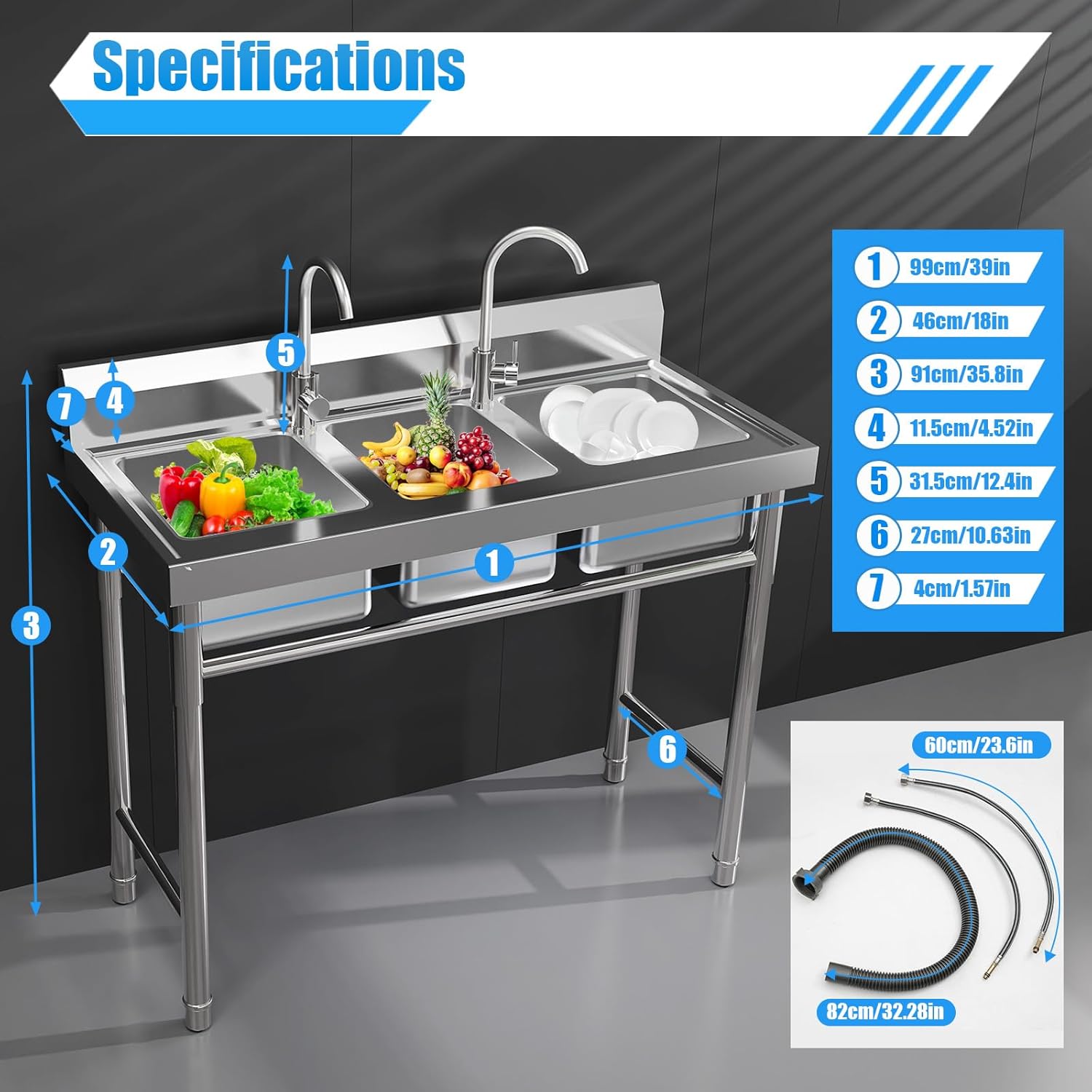 Utility Sink 304 Tainless Steel Table with Sink Outdoor Sink Station 3 Compartment Sink Commercial Kitchen Appliances Laundry Room, Workshop and RV(39 * 18 * 35.8 IN)