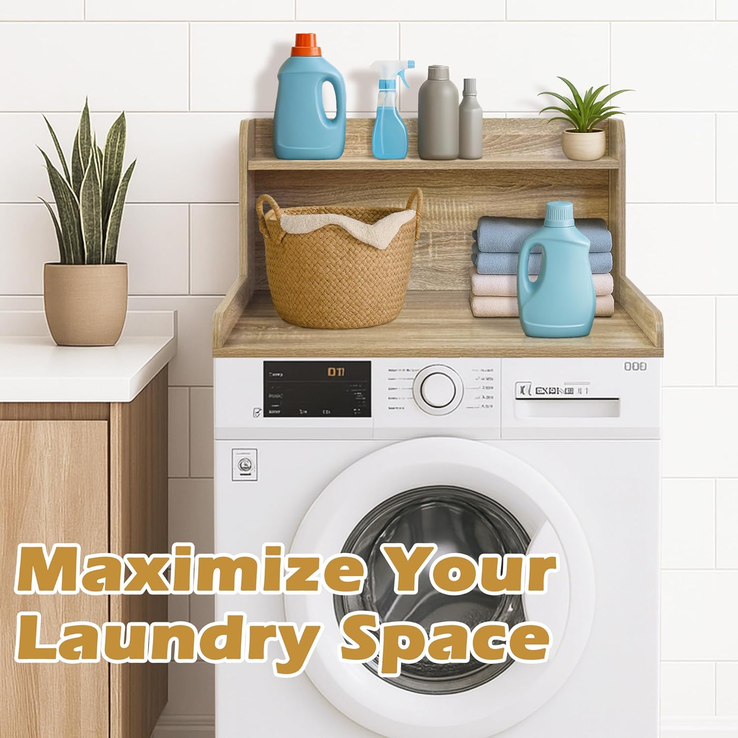 Royxen Washer Dryer Countertop with Shelf,2-Tier Laundry Countertop for Single Washer and Dryer,Soild Wood Core Washer Dryer Topper for Laundry Room Organization(White Oak)