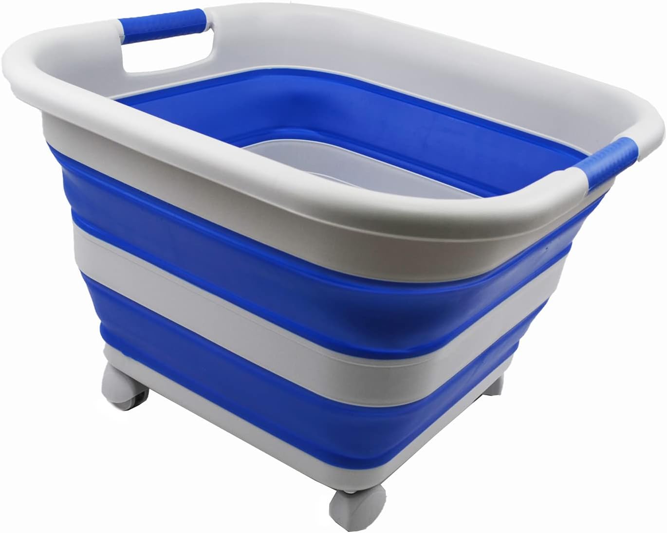 SAMMART 39L (10.3 Gallons) Collapsible Plastic Laundry Basket with Wheels-Foldable Pop Up Storage Container (1, Grey/Purplish Blue)