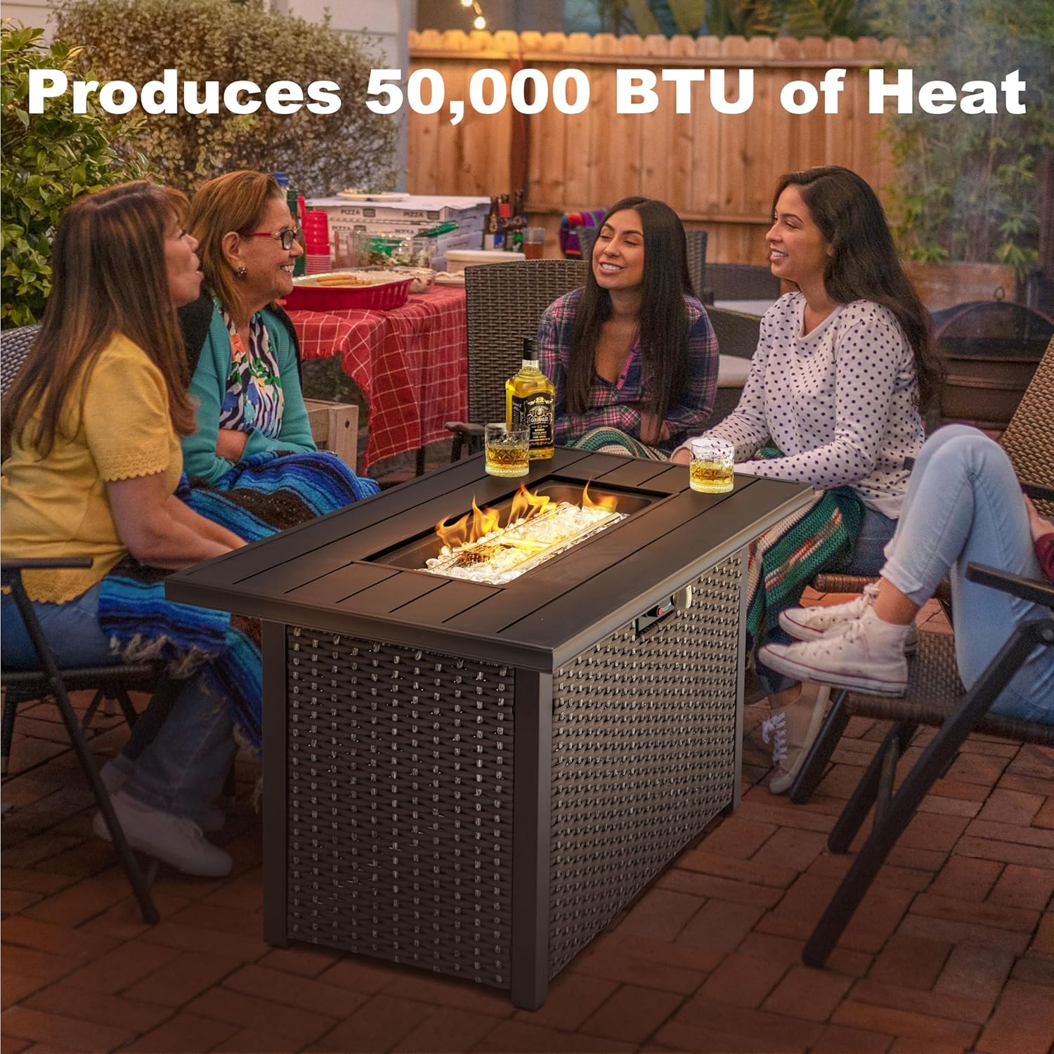 Nuu Garden Outdoor 43 Inch 50,000 BTU Propane Fire Pit Table, CSA Certified Patio Propane Fire Pit with Wind Guard, Lid, Oxford Cover, 7 lbs Glass Stone, Dark Brown