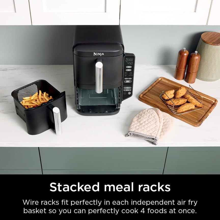 Ninja DoubleStack 2-Basket Air Fryer, DoubleStack Technology Cooks 4 Foods at Once, 8 QT, 6-in-1, Smart Finish & Match Cook, Air Fry, Broil, Bake, Easy Meals & Clean, Black, SL201 (Renewed)