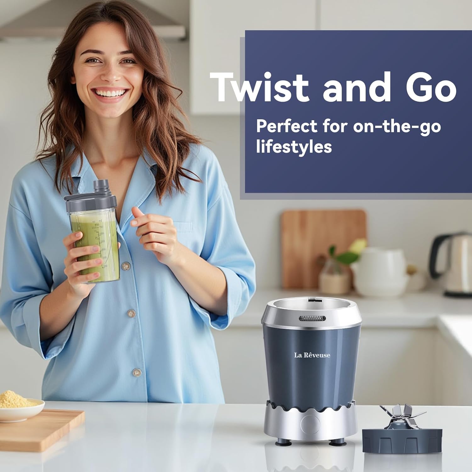 La Reveuse Personal Size Smoothie Blender Pro, 1000W High Speed with 24oz To-Go Cup, Ideal for Smoothies,Protein Shakes, Frozen Drinks, Food Prep, Gray
