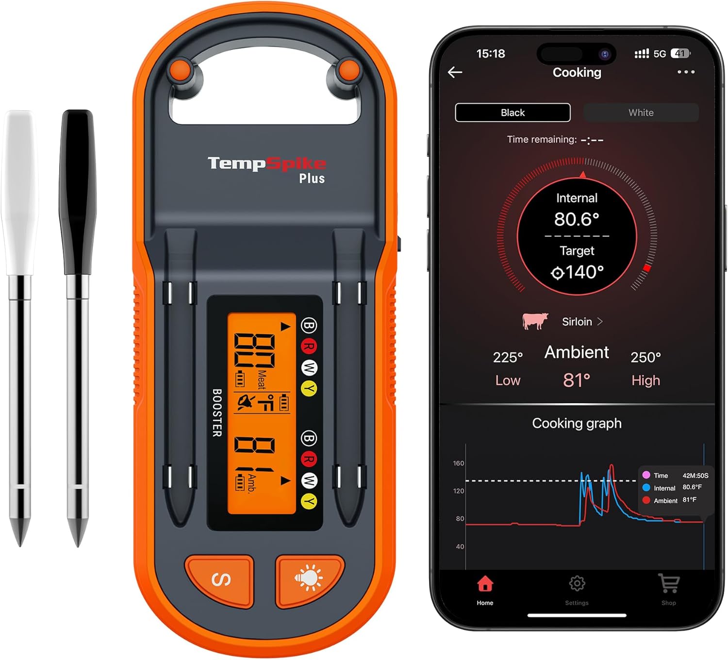 ThermoPro TempSpike Plus 600ft Wireless Meat Thermometer with 2 Color-Coded Probes, Bluetooth Meat Thermometer Wireless with LCD-Enhanced Booster for Food Cooking Grill Smoker