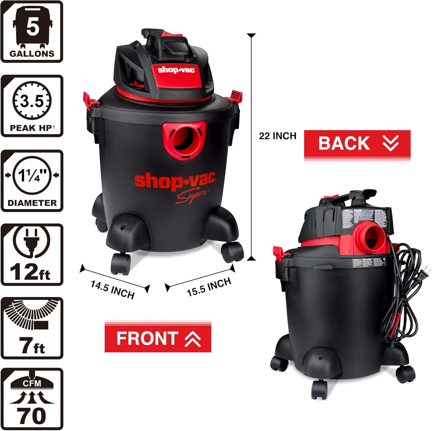 Shop-Vac 5 Gallon 3.5 Peak HP Wet/Dry Vacuum, Portable Heavy-Duty Shop Vacuum 3 in 1 Function with Attachments for House, Garage & Workshop, 71-5760588