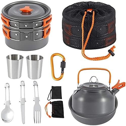 Camping Cookware Kit Outdoor Aluminum Cooking Set for 2 to 3 People Non Stick Folding Camping Pans and Pots Travelling Camping Hiking Picnic BBQ Orange
