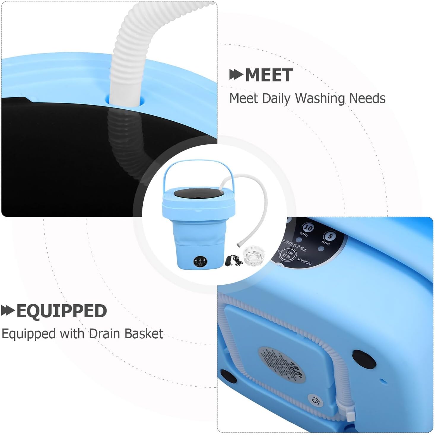 Compact Mini Folding Washing Machine Portable Electrical Washer for Apartments Rv Camping Travel with Drain Hose and Drying Basket Lightweight Space-saving Laundry for Small Spaces