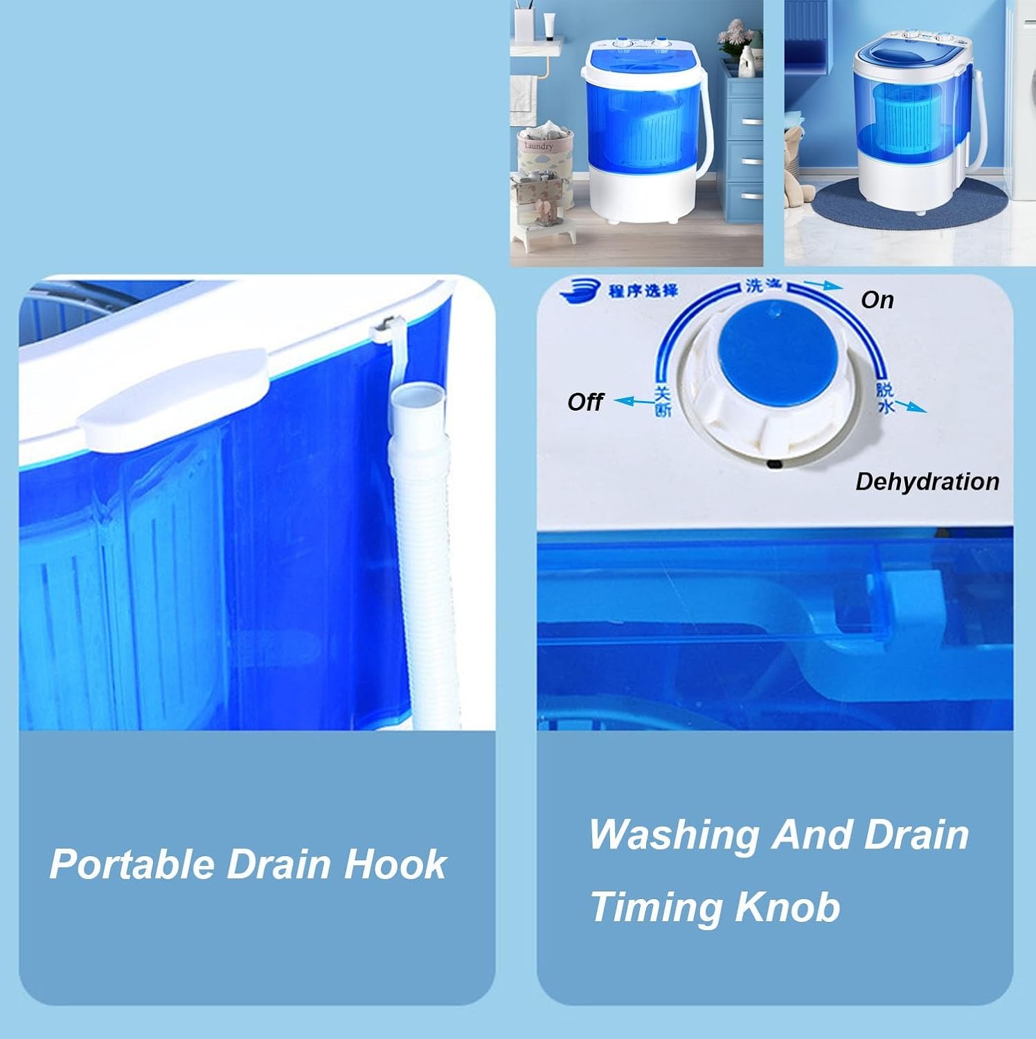 Portable Mini Washing Machine, Compact Washer Laundry Machine, Semi-Automatic Laundry Washing Machine for Apartment, RV, Single Translucent Tub Blue