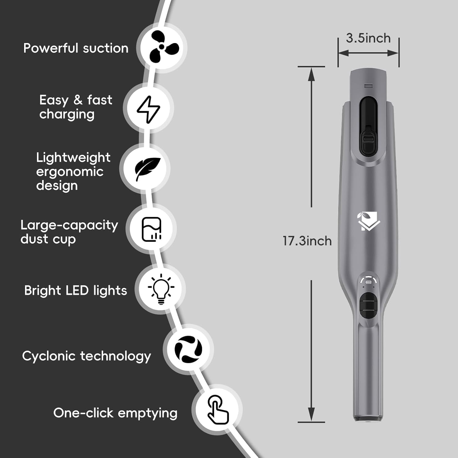 Cordless Handheld Vacuum, Lightweight Portable Hand Vacuum Cleaner with LED Light,Rechargeable Hand Held Vacuum with One-Touch Empty, Powerful Suction for Office, Home,Car,Gray