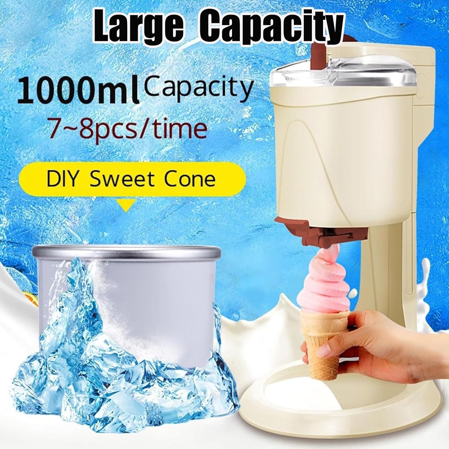 Soft Ice Cream Machine, 1 Liter Automatic Mini Fruit Soft-Serve Maker for Home, Bar, Cafe - Household Small Ice Cream Appliance