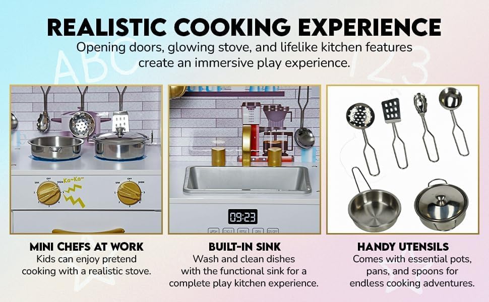 Large Kids Wooden Kitchen Play Set & Kitchen Accessories, Girls Boys Learning Pretend Toys with Utensil Cooking Set Oven, Stove, Microwave - White/Gold Edition