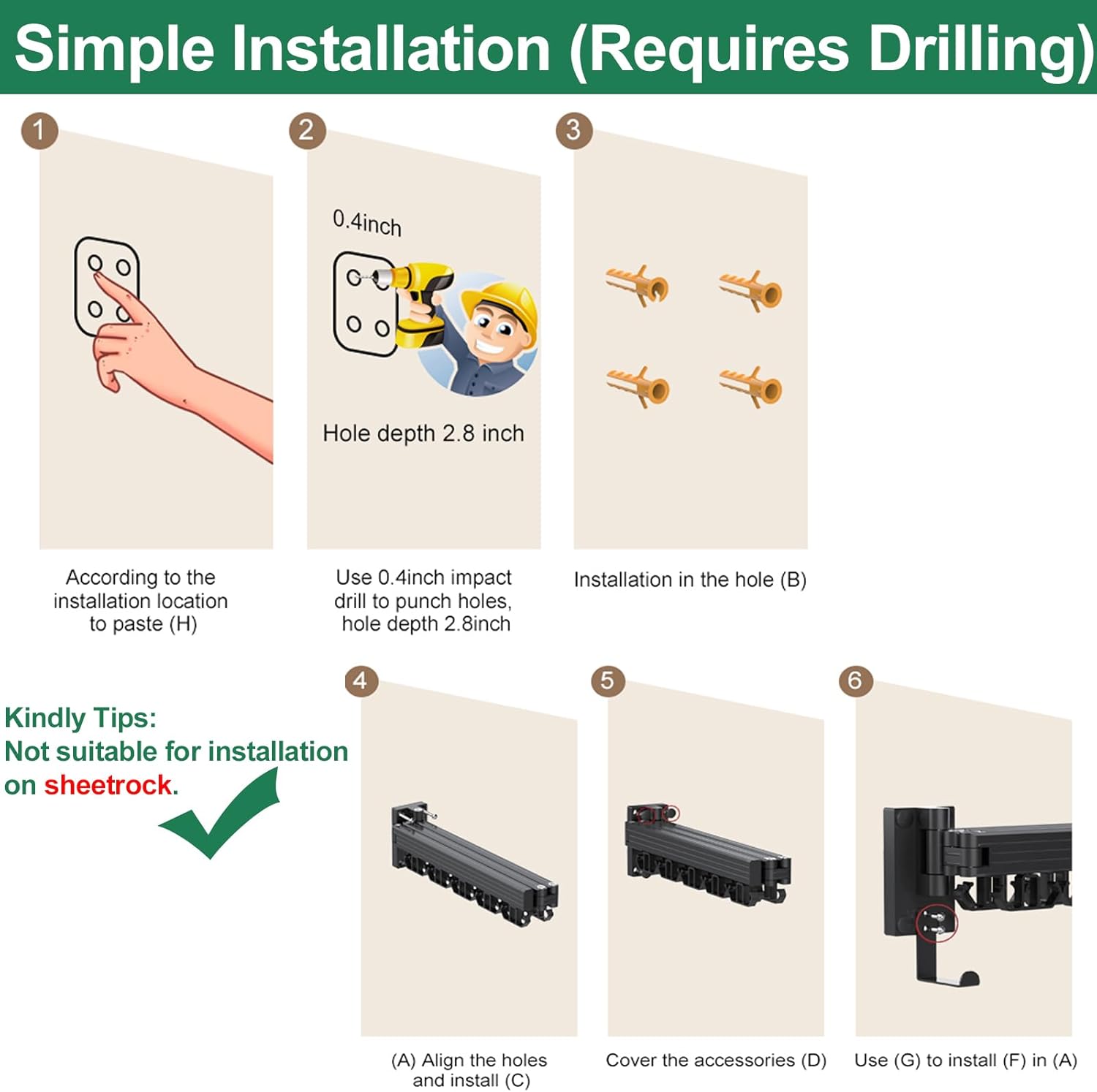 Wall Mount Clothes Drying Rack, Wall Mounted Drying Rack, Upgraded 3-Fold & Sturdy Laundry Drying Rack with 12 Dual-Side Hooks Space Saver for Laundry Room, Apartment, Dorms - Black