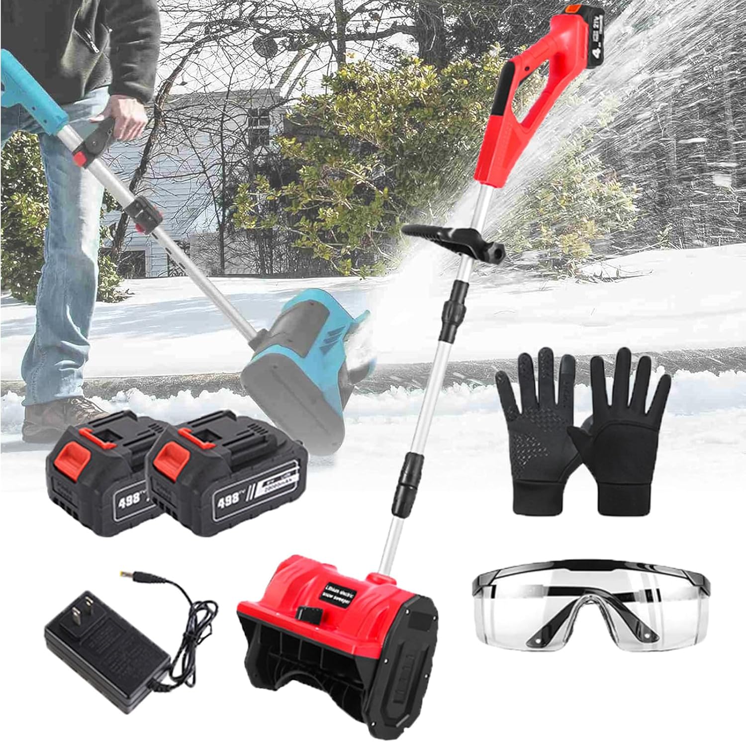 Cordless Electric Snow Shovel, Home Folding Snow Blower, Snow Thrower with Adjustable Front Handle for Patio Driveway Schoolyard,Red-2Batteries