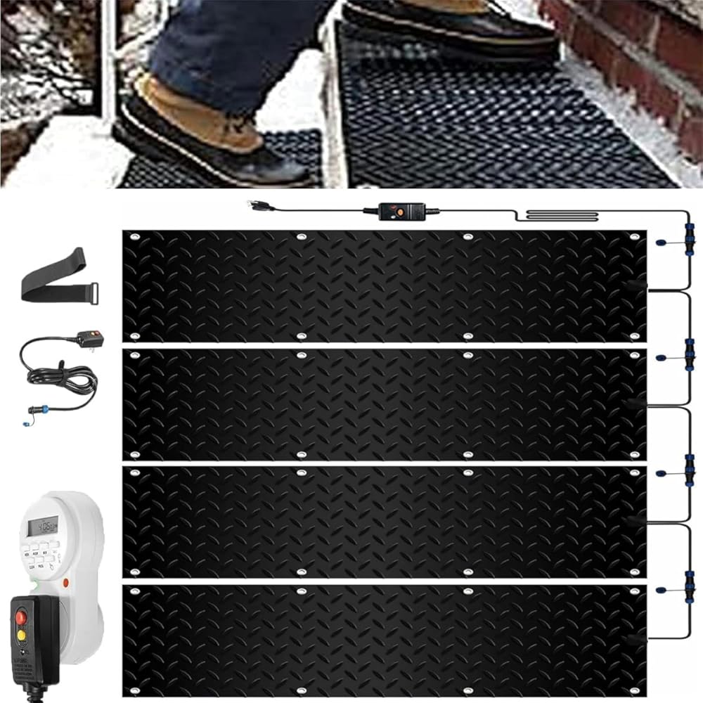 Snow Melting Walkway Mat with Timer, Stairs Snow & Ice Melting Mat for Winter Black Heated Snow Melt Mats Non Slip Rubber Heating Entrance Mats with Plug Power Cord(4 Pcs-10in x 35.4in (25.4x90 cm))