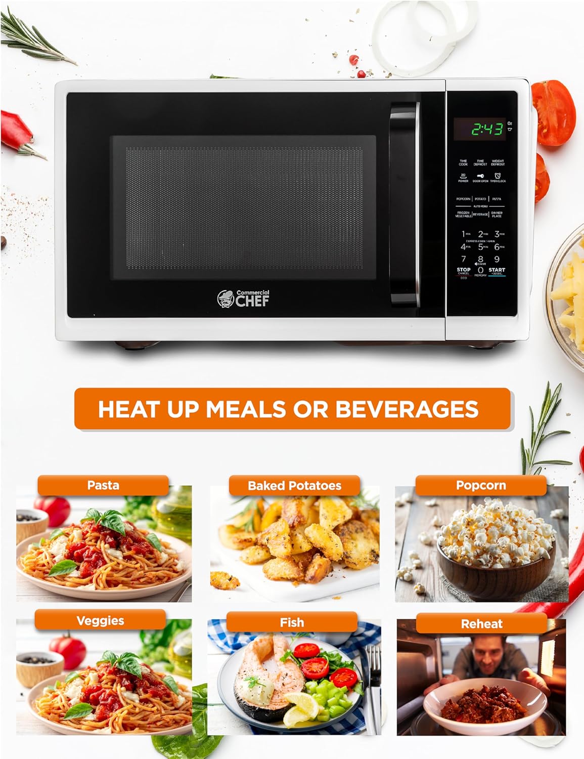 COMMERCIAL CHEF 0.9 Cubic Foot Microwave with 10 Power Levels, Small Microwave with Grip Handle, 900W Countertop Microwave with Digital Display, Door Lock and Kitchen Timer, White