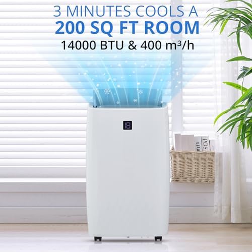 14,000 BTU Portable Air Conditioner Cools Up to 750 Sq.Ft, 3-IN-1 Functional Portable AC Unit, Quiet Air Conditioning, Sleep Mode, 24H Timer and Remote Control, Standing AC Unit for Large Room