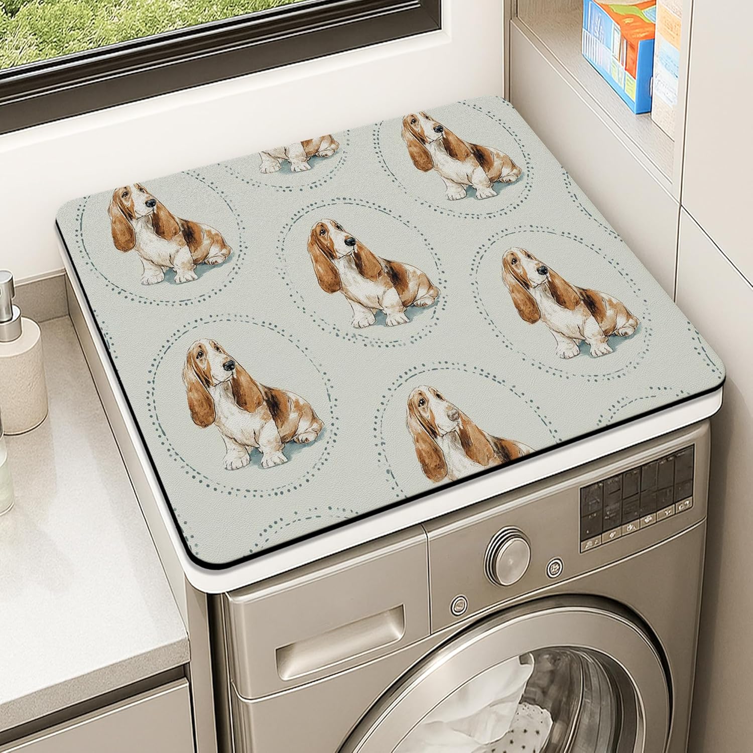 Basset Hound Washer Dryer Top Protector Mat, Vintage Animal Illustration Laundry Machine Dust Covers, Cozy Rubber Anti-slip Waterproof Washer And Dryer Mats for Home 24x24 Inch
