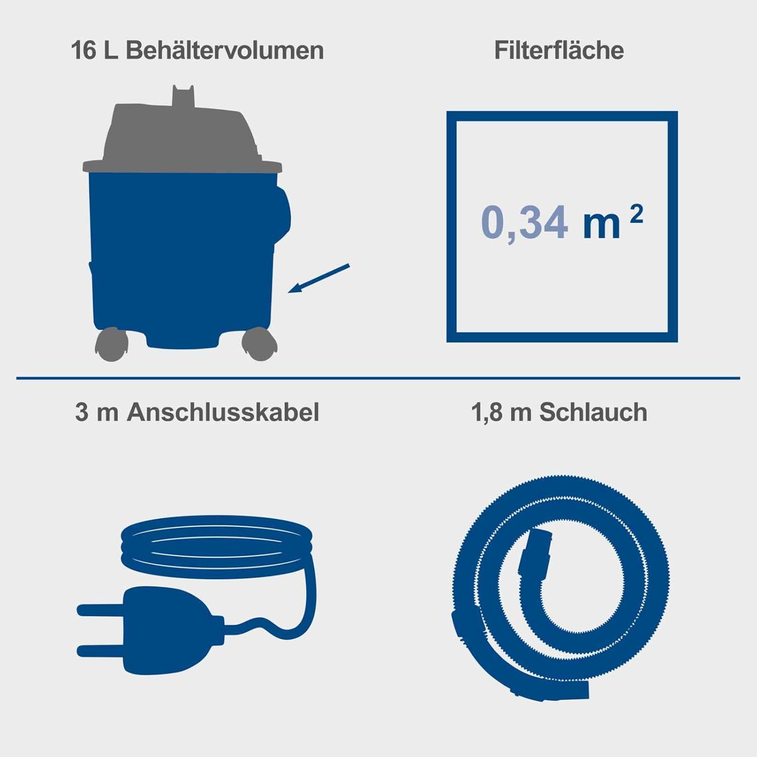 Scheppach NTS16 NTS16 Floor Cleaner, Multifunctional Vacuum Cleaner, 16 Litre Reservoir, 17000 Pa Suction Power, 1200 W