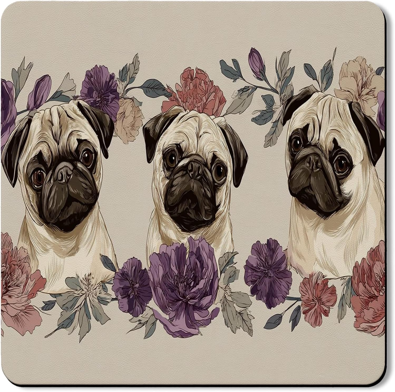 Pug Floral Washer Dryer Top Protector Mat, Vintage Botanical Pug Pattern Laundry Machine Covers, Spring Seasonal Waterproof Anti-slip Washer and Dryer Mats for Laundry Room 24x24 Inch