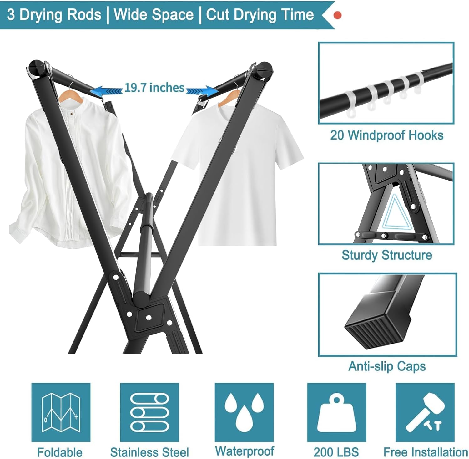JAUREE 95 Inches Clothes Drying Rack, Drying Rack Clothing Folding Indoor Outdoor, Heavy Duty Stainless Steel Laundry Drying Rack, Foldable Portable Clothes Rack Garment Rack with 20 Hooks Black