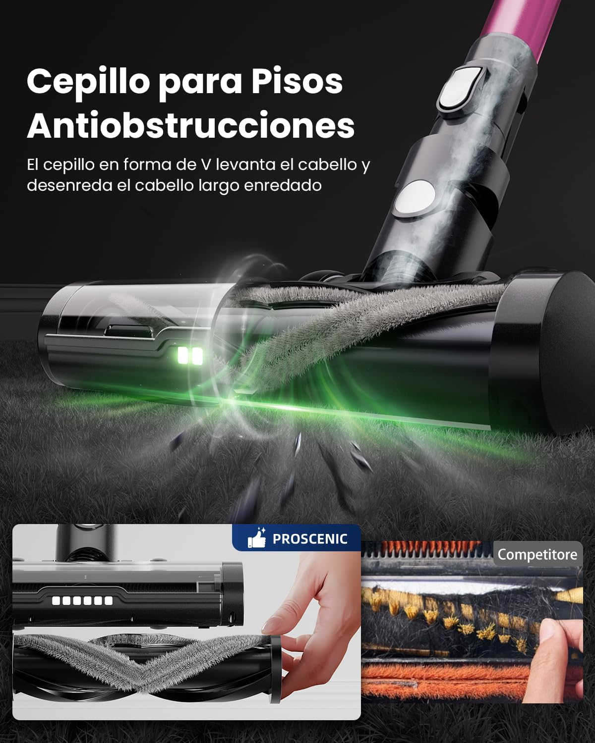 Proscenic Cordless Vacuum Cleaner, 45Kpa 50Mins Runtime Vacuum Cleaners for Home with Green Light, Anti-Tangle, LED Display, Lightweight Stick Vacuum for Pet Hair, Floor&Carpet, P13(Pink)