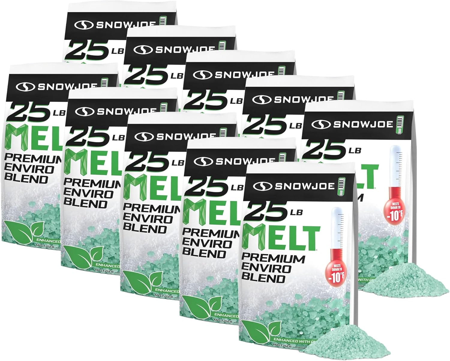 Snow Joe 10 Pack Premium Enviro Blend Snow & Ice Melt, Green-Coated Deicer Crystals, 25 lb - Safer Melter for Vegetation, Concrete & Metals