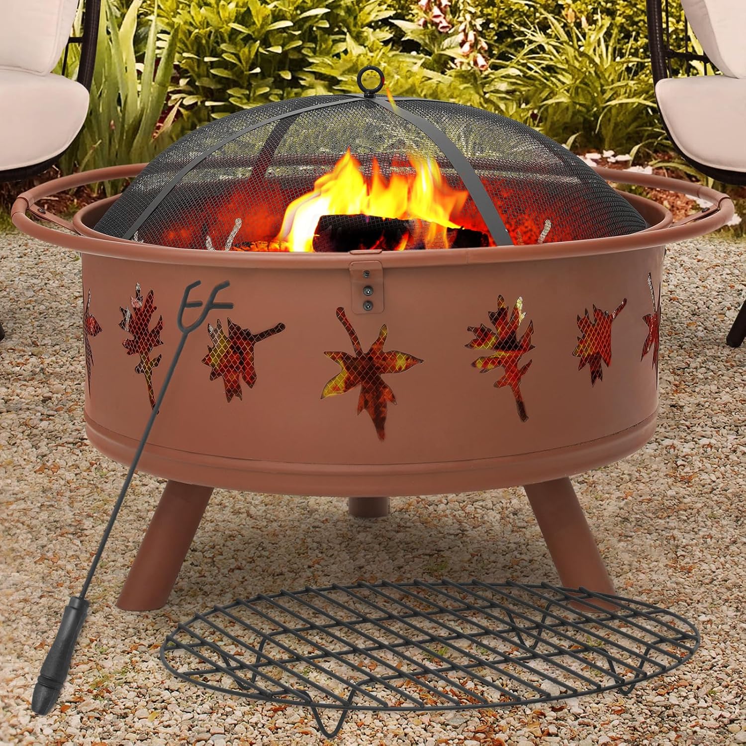 Athena Collection 32 in Fire Pit for Outside Large Wood Burning Firepit Leaf Pattern Iron Firepit Bowl Stove Round Outdoor Fireplace for Camping Heating BBQ Bonfire with Spark Screen Log Grate Poker