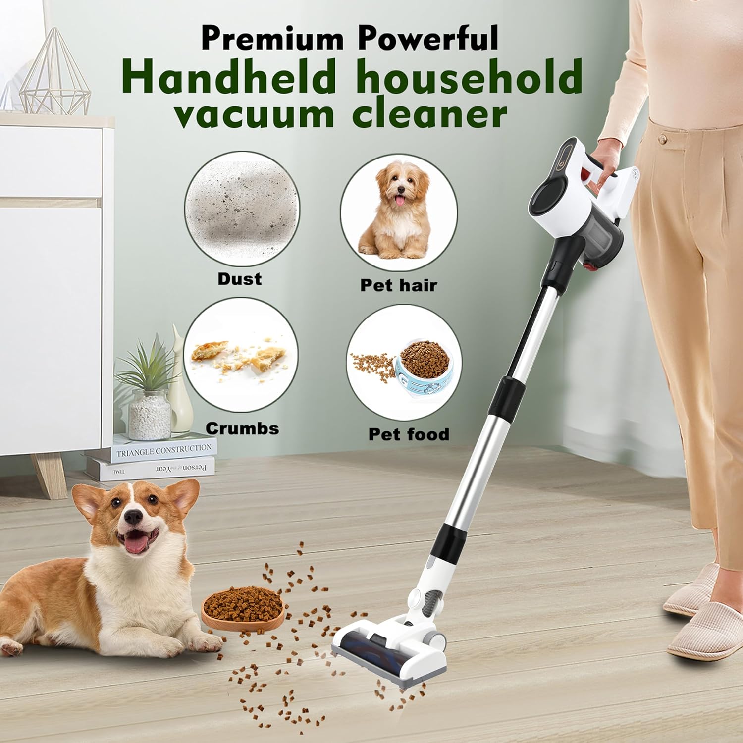 Cordless Vacuum Cleaner, Powerful Brushless Motor, 6-in-1 Lightweight Vacuum Cleaner, Wall Mount with LED Display and Motor Mop Light for Pet Hair/Hardwood Floors/Car（Lvory）