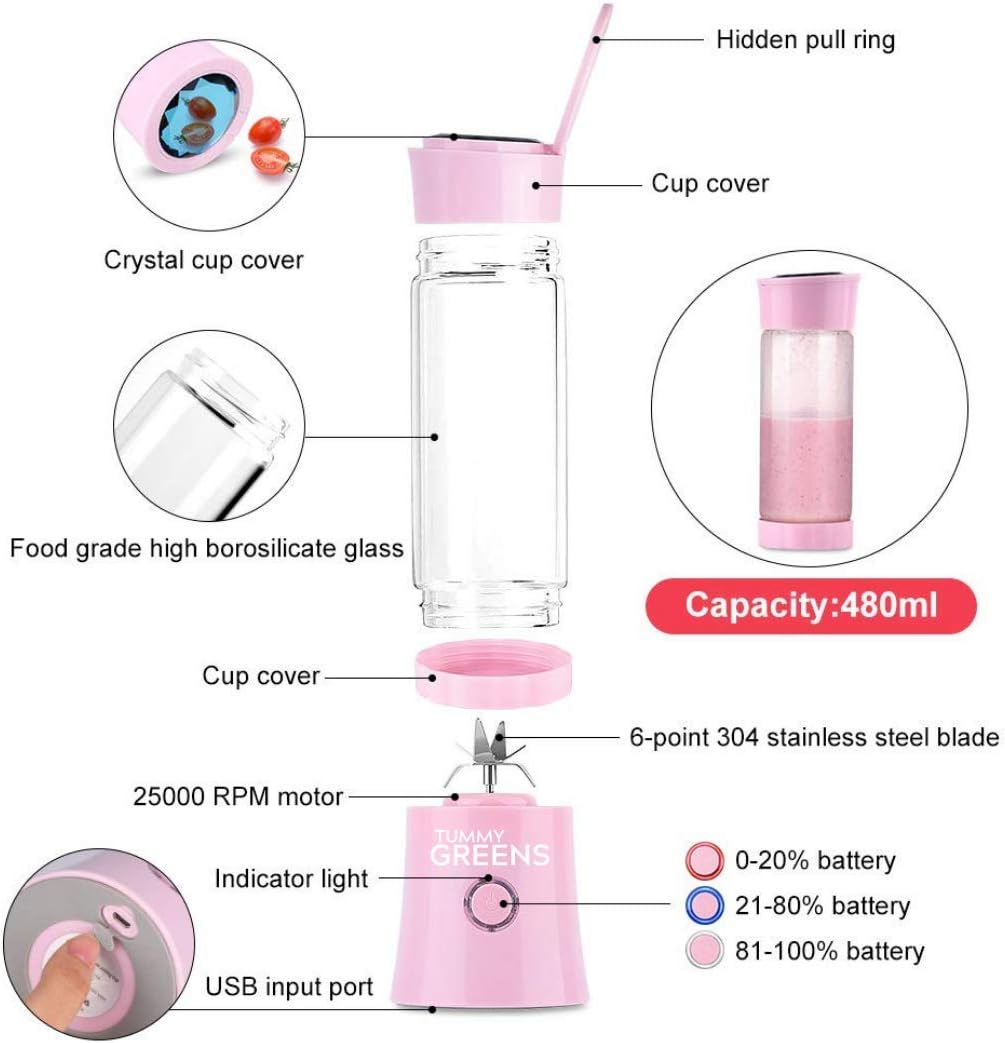 Portable Glass Blender Juicer Smoothie Maker USB 16oz Borosilicate Glass