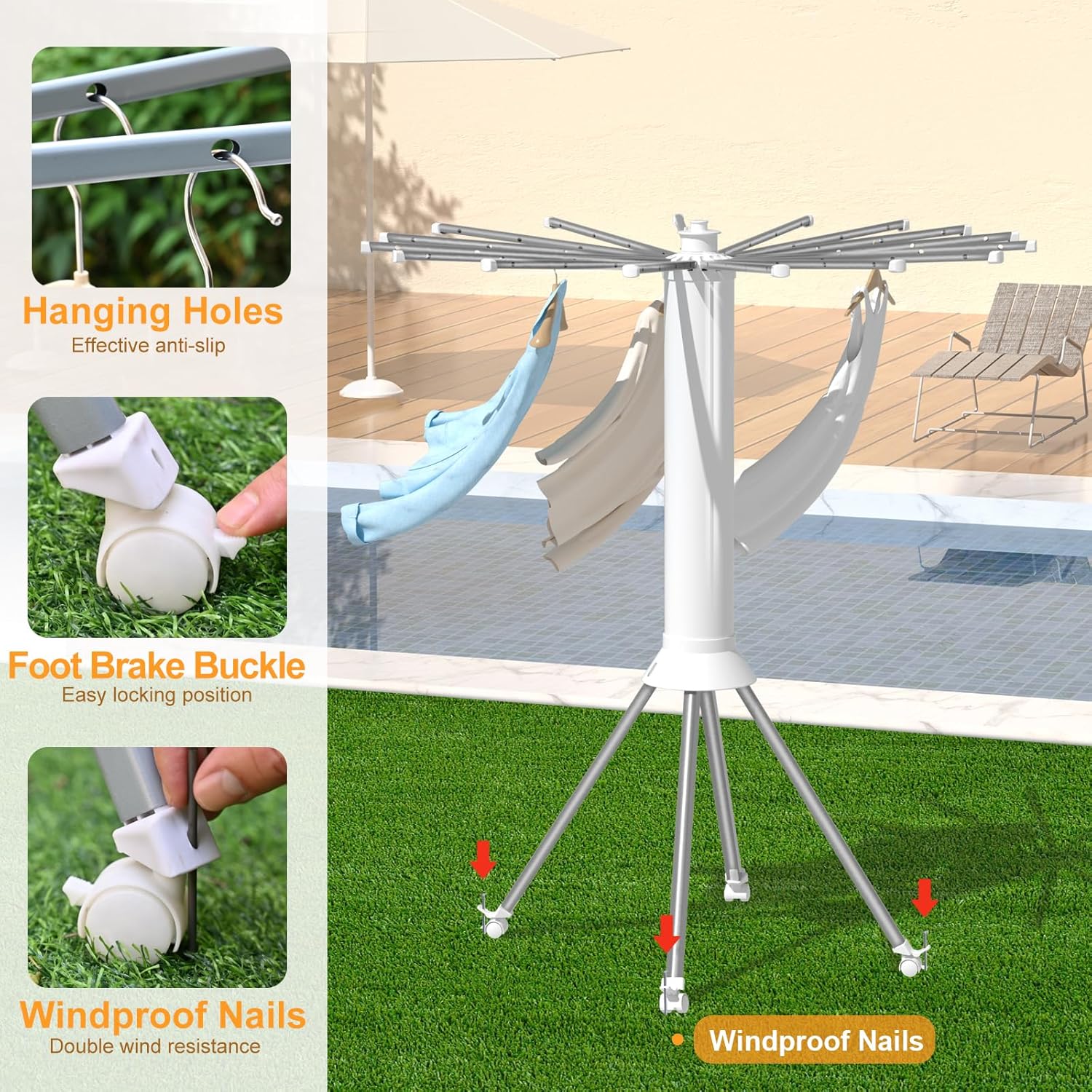 4-Legged Clothes Drying Rack Foldable, Outdoor Collapsible Drying Rack Clothing, Portable Laundry Drying Rack with 4 Pulleys, Aluminum Alloy Dry Rack for Clothes, Indoor, Balcony, Poolside, Camping