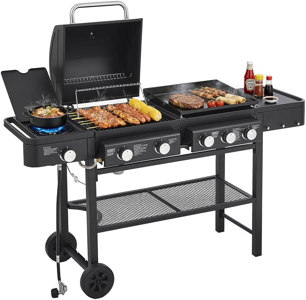 5 Burner Gas Grill and Griddle Combo with Side Burner, 3-in-1 Outdoor Propane Grill, 745 Sq. in. Cooking Area, Stainless Steel BBQ Grill on Wheels for Backyard BBQ & Outdoor Cooking